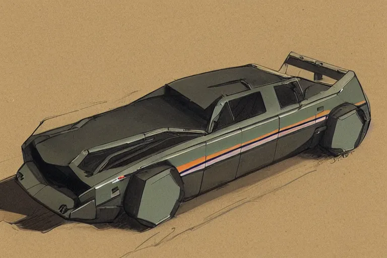 Prompt: Concept art of a 1980s wedge car. Dieselpunk.