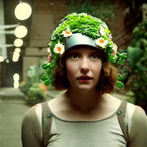 Prompt: movie still of a girl with a cyborg plants flowers helmet, cinematic composition, cinematic light, by edgar wright and david lynch