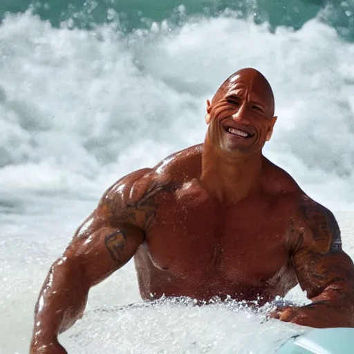 Image similar to Dwayne Johnson surfing in a bathtub