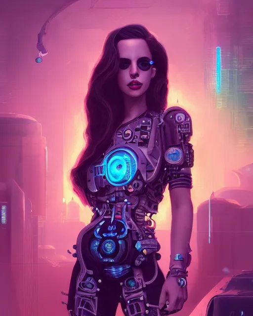 Image similar to portrait of lana del rey as a cyberpunk cyborg. roses, sci - fi, intricate abstract upper body intricate artwork, by tooth wu, wlop, beeple, dan mumford. concept art, octane render, deviantart, greg rutkowski, cinematic arthouse, key art, hyper realism, iridescent accents