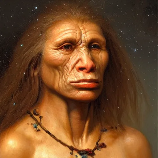 Prompt: portrait of a neanderthal woman ( 3 5 ) from spain, 5 0, 0 0 0 bce, an oil painting by ross tran and thomas kincade