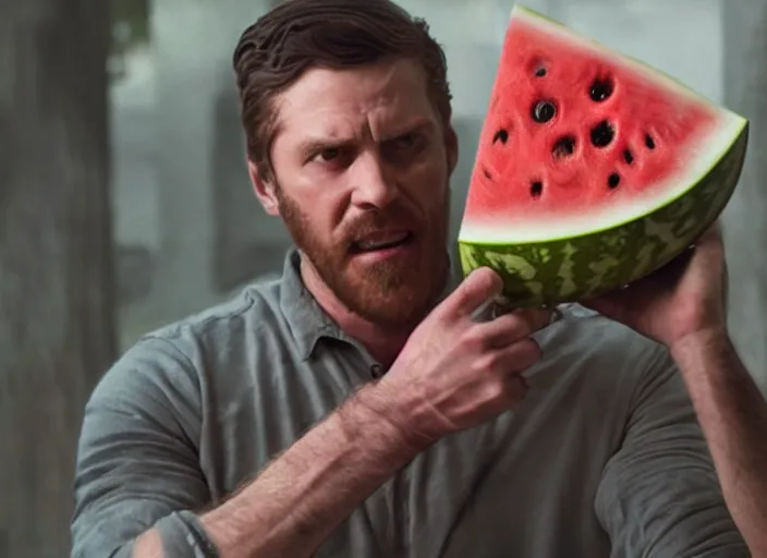 Image similar to film still of a man with a watermelon on his a head in the new horror movie, 4 k