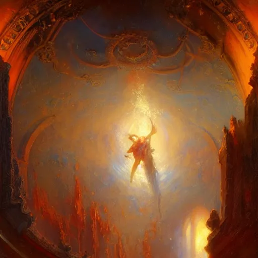 Image similar to a chapel's ceiling is broken in half as a red magical portal from hell opens up there. highly detailed painting by gaston bussiere, greg rutkowski 8 k