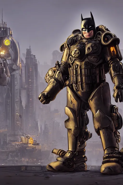 Prompt: batman hardmesh retro futurist steampunk fallout 7 6 power armor, hyper realistic, art cover, official fanart behance hd artstation by jesper ejsing, by rhads, makoto shinkai, final fantasy, unreal engine highly rendered, global illumination, radiant light, intricate environment radiating a glowing aura global illumination ray tracing hdr