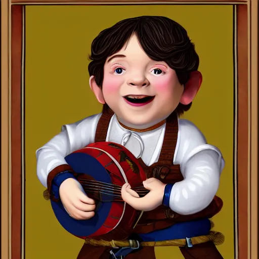 Image similar to portrait of a halfling male, happy, bard, singing, short hair, lute