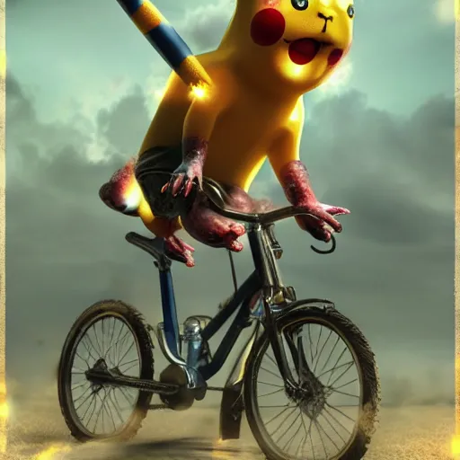 Prompt: zombie pikachu riding a bicycle, cinematic, cinematic lighting, trending on Artstation, Cgsociety, detailed, 4k, very realistic