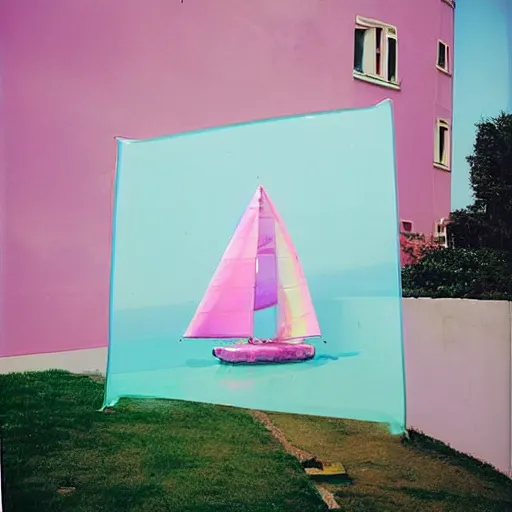 Image similar to a pastel colour high fidelity wide angle Polaroid art photo from a holiday album at a seaside of a large pink ship with abstract inflatable parachute furniture, all objects made of transparent iridescent Perspex and metallic silver, a grid of sun beds iridescence, nostalgic