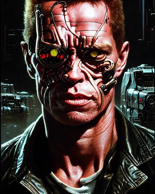 Prompt: a portrait of the terminator fantasy character portrait, ultra realistic, cinematic, concept art, wide angle, intricate details, hologram, highly detailed by greg rutkowski, aaron horkey, gaston bussiere, craig mullins, simon bisley, arthur rackham