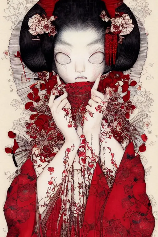 Prompt: emaciated japanese bjd geisha in victorian red dress in the style of dark - fantasy rorita fashion painted by yoshitaka amano, takato yamamoto, james jean, dmt art, symmetrical vogue face portrait, volumetrics, intricate detail, artstation, cgsociety, artgerm, gold skulls, rococo