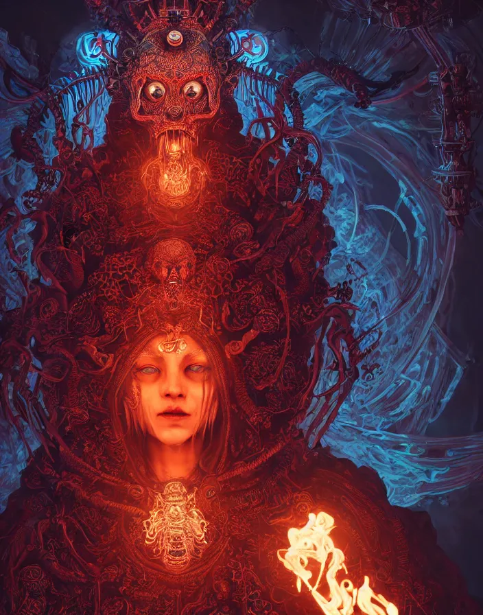 Prompt: demon goddess close-up portrait tribal slavic russian monk in hooded robe skull, sitting on intricate throne, ancient high tech, cyberpunk, dystopian, jellyfish phoenix dragon, butterfly squid, burning halo, intricate artwork by Tooth Wu and wlop and beeple, artgerm, very coherent symmetrical artwork, cinematic, hyper realism, high detail, octane render, unreal engine, 8k, Vibrant colors, Smooth gradients, High contrast, depth of field, aperture f1.2