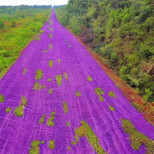 Image similar to magic purple corrupted kudzu spreads across abandoned highway