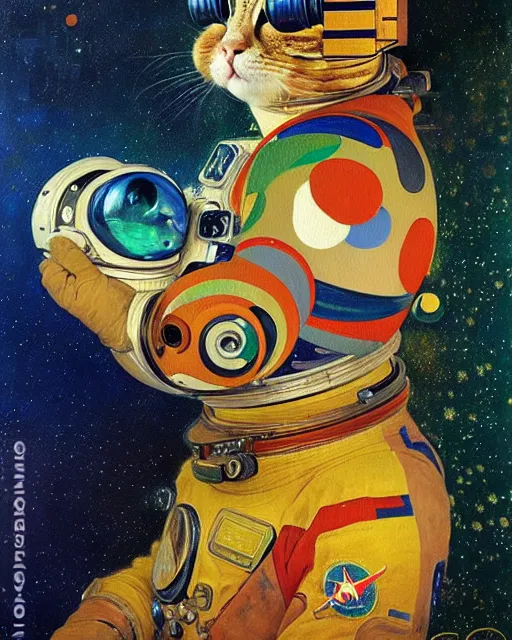 Image similar to space cosmonaut cat portrait an oil painting splashes with many colors and shapes by gustav klimt greg rutkowski and alphonse mucha, polycount, generative art, psychedelic, fractalism, glitch art