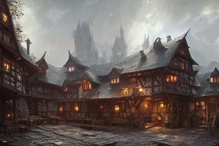 Prompt: fantasy house tavern in german medieval style, concept art on gray background, darek zabrocki, greg rutkowski noah bradley,