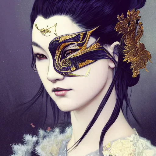 Image similar to a photorealistic dramatic fantasy render of a beautiful woman wearing a beautiful intricately detailed japanese crow kitsune mask and clasical japanese kimono by wlop, artgerm, greg rutkowski, alphonse mucha, beautiful dynamic dramatic dark moody lighting, shadows, cinematic atmosphere, artstation, concept design art, octane render, 8 k