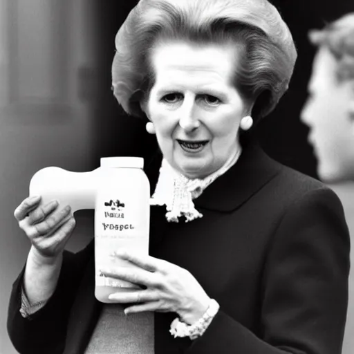 Image similar to margaret thatcher taking a bottle of milk from a baby