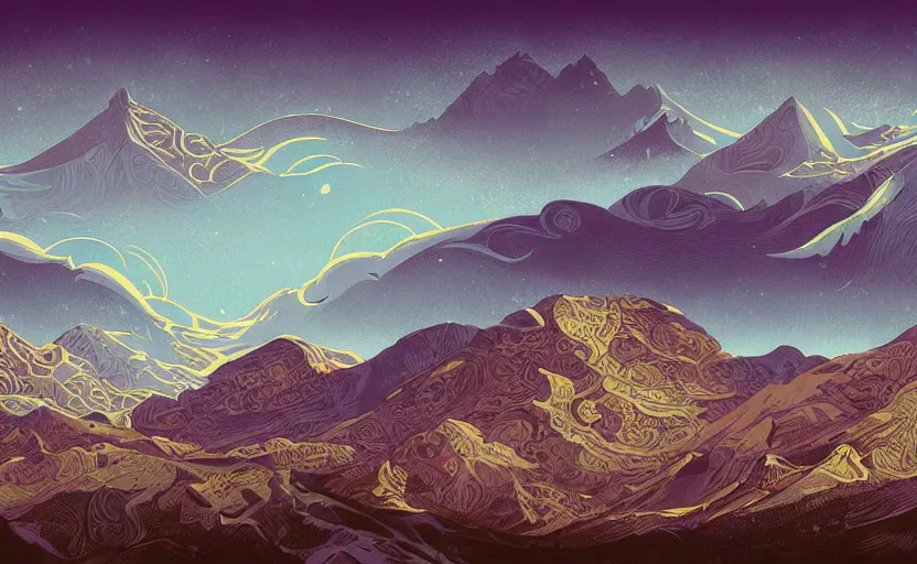 Prompt: mountains, moons and paisley filled sky, artstation, intricate, highly detailed, digital painting, concept art, sharp focus, illustration by Benjamin Lacombe and Kilian Eng