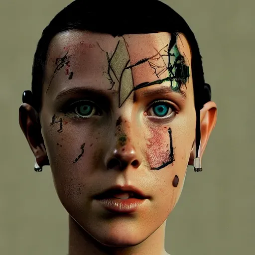 Image similar to Portrait of cyborg Millie Bobby Brown by Yoji Shinkawa, octane render