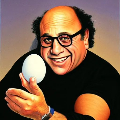 Prompt: portrait of danny devito!!!!!!!!!! holding an egg, painting by greg hildebrandt.