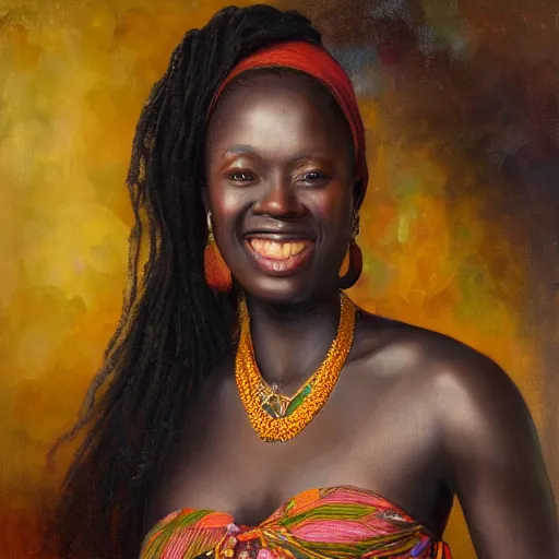 Image similar to portrait of an ghanaian woman ( 3 5 ) from ghana in 2 0 2 1, an oil painting by ross tran and thomas kincade