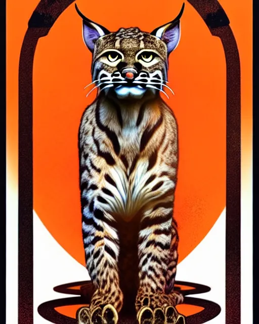 Image similar to male bobcat alien with orange fur and a white t - shirt with a red exclamation mark, full body, art by artgerm and greg rutkowski and alphonse mucha