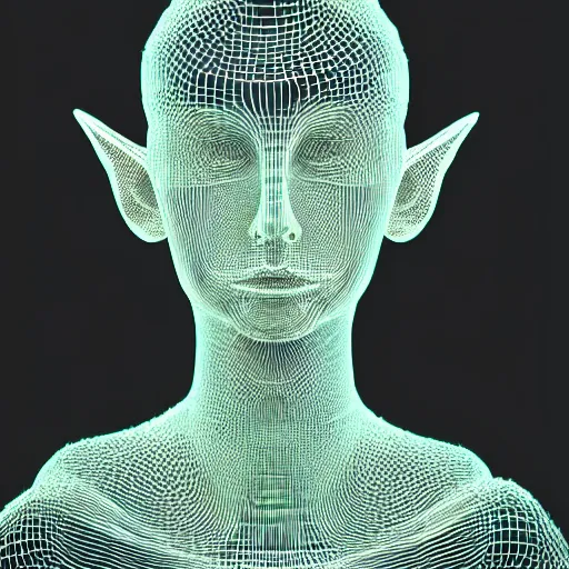 Prompt: three dimensional portrait of a elf inspired by data - driven art, generative, coding, particle waves, spirals