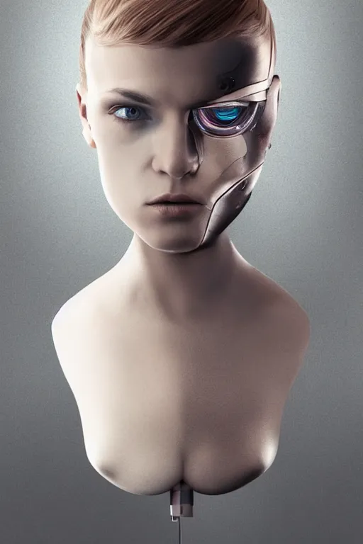 Image similar to robot with human face, female head, woman human face, human face realistic, human head, cyborg frame concept, cyborg by ales-kotnik, sci-fi android female