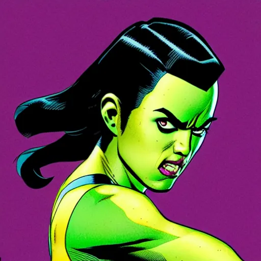 Prompt: Aubrey Plaza as She-Hulk, atmospheric lighting, Image 90s style, intricate, golden hour, ultra detailed by Jim Lee and Travis charest