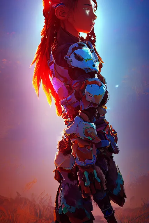 Image similar to combination suit armor aloy horizon forbidden west horizon zero dawn radiating a glowing aura global illumination ray tracing hdr fanart arstation by ian pesty and alena aenami artworks in 4 k tribal robot ninja mask helmet backpack