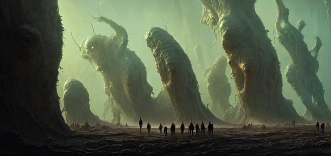 Prompt: hellish translucent alien creatures with realistic human faces and skin on an alien world, artstyle greg rutkowski, very intricate details, high resolution, 4 k