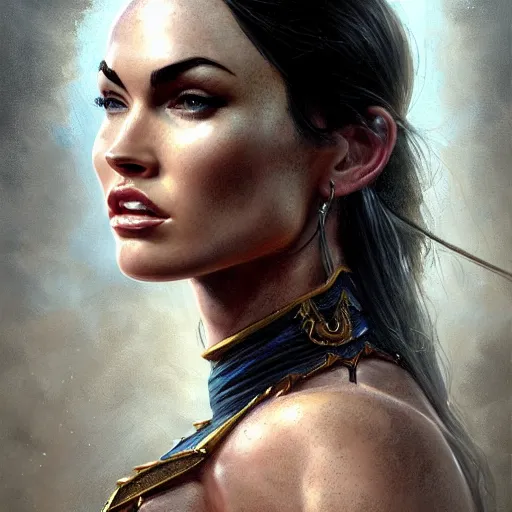 Image similar to portrait of megan fox, muscular upper body, slave collar, bikini, fantasy, intricate, elegant, highly detailed, digital painting, artstation, concept art, matte, sharp focus, illustration, art by aenaluck and roberto ferri and greg rutkowski, epic fantasy, digital painting