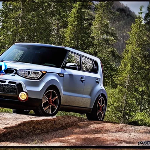 Prompt: Kia Soul, Professional Photography, Lifted, Big Tires, Skyrim, Rock Crawling, Mountain landscape, dirt, road, cinematic color, photorealistic, highly detailed wheels, highly detailed