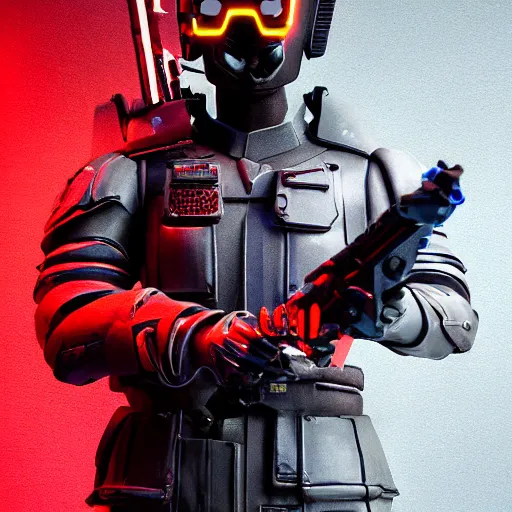 Image similar to close up of futuristic dystopian regime soldier, plasma gun, blonde hair, fox ears, human, character sheet, concept design, contrast, hot toys, kim jung gi, greg rutkowski, zabrocki, karlkka, jayison devadas, trending on artstation, 8 k, ultra wide angle, pincushion lens effect, red and black color scheme