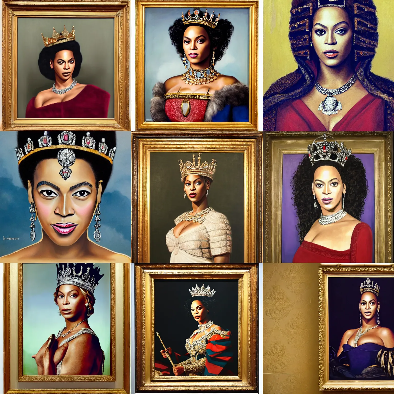 Prompt: beyonce as the queen of england, portrait in the royal portrait gallery, award - winning painting