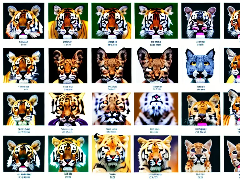 Image similar to multiple, side by side, epic card scans, portrait of different felidae including tiger, lynx, serval, cougar, ocelot, caracal, puma, leopard, panther, jaguar, highly detailed, digital art