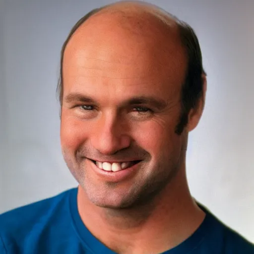 Image similar to color photograph of a balding, middle aged, brown haired, hairy, blue eyed, round faced, short white man dressed in a white shirt, smiling at the camera with perfect, straight white teeth