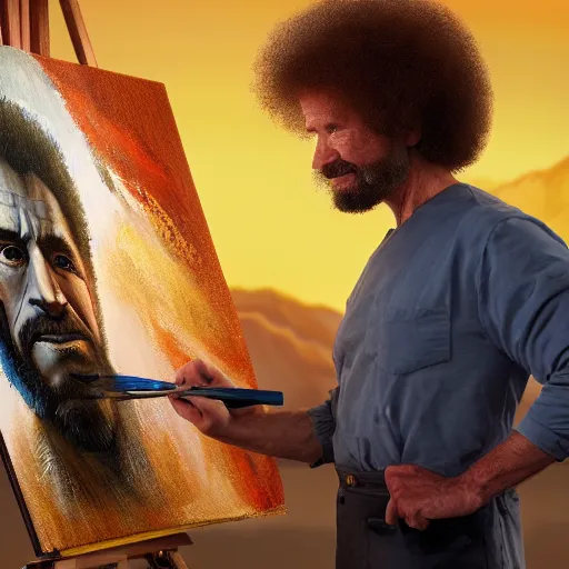 Image similar to a closeup photorealistic photograph of bob ross holding a paintbrush and diligently finishing a canvas painting of iron man. mountains and trees. film still. brightly lit scene. this 4 k hd image is trending on artstation, featured on behance, well - rendered, extra crisp, features intricate detail, epic composition and the style of unreal engine.