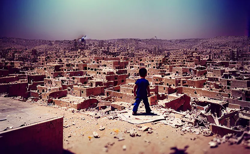 Prompt: “little boy figure lost, epic view of Hummus in Syria in destruction, sad atmosphere, ruins, heartbreaking landscape, hyperdetailed, hyperrealism, trending on artstation, award winning photograph, photorealistic, 8k, concept art, cinematographic, uhd, epic lighting”