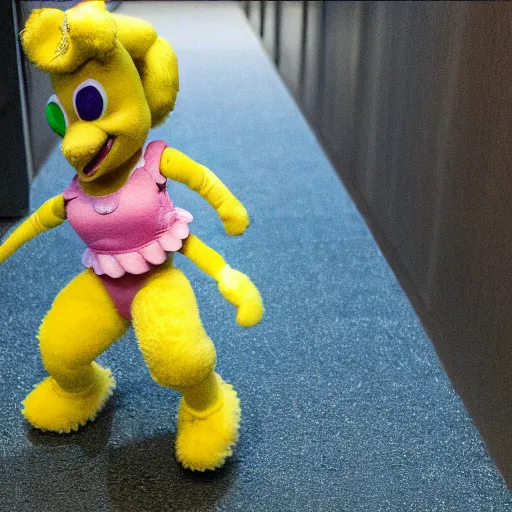 Prompt: Toy Chica walking down a hallway