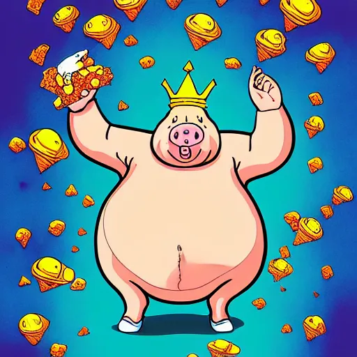 Prompt: trippy comic art of a obese pig wearing a gold crown throwing snack bags into the air, drawn by Martin Rowson, Tim Burton, Studio Ghibli, Alex Pardee, Nekro Petros Afshar, James McDermott, colors by lisa frank, unstirred paint, vivid color, cgsociety 4K