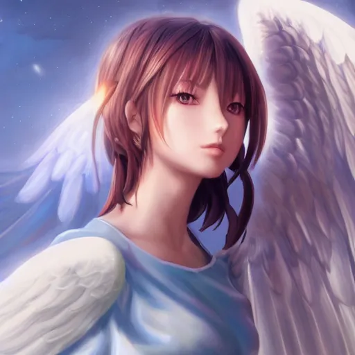 Image similar to an oil painting of a beautiful anime girl with angel wings, by artgerm, hd, hdr, ue 5, ue 6, unreal engine 5, cinematic 4 k wallpaper, 8 k, ultra detailed, high resolution, artstation, award winning