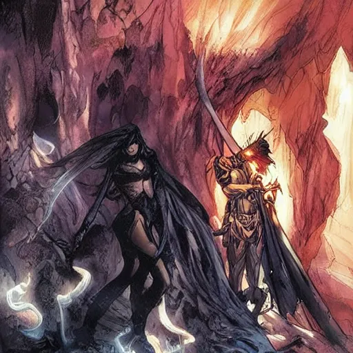 Image similar to A magical and mystical underground cave, warm colour palette, dramatic, high contrast, deep depth, graphic novel, art by Ardian Syaf and Pepe Larraz,