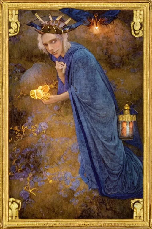 Prompt: portrait of the last witch of the dawn mountains with her lantern and regalia, by Annie Swynnerton and Nicholas Roerich and John Bauer and John William Godward and Donato Giancola and Vermeer, embroidered velvet, iridescent beetles, rich color, ornate headdress, flowing robes, lost runes, ancient civilizations, dramatic cinematic lighting, featured on Artstation, extremely detailed