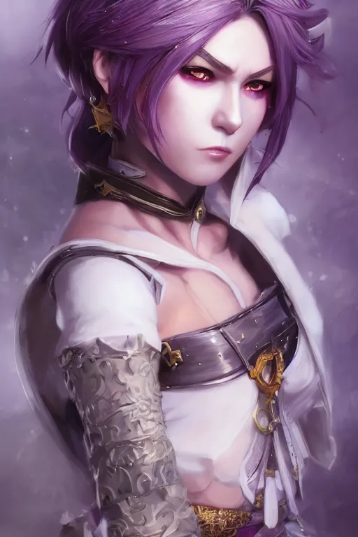 Image similar to A realistic anime portrait of a short white haired female rogue wearing an intricate pirate outfit, middle eastern, purple eyes, digital painting, by Stanley Artgerm Lau, Sakimichan, WLOP and Rossdraws, digtial painting, trending on ArtStation, SFW version