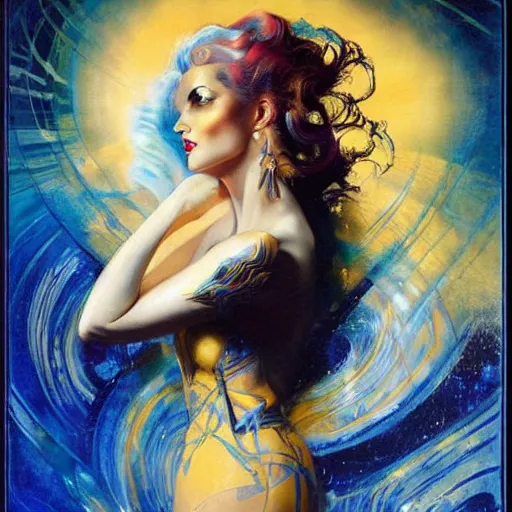 Image similar to a woman with blue and gold hair, an art deco painting by karol bak, featured on cgsociety, gothic art, poster art, art deco, tarot card