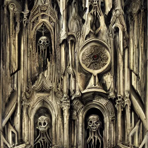Image similar to an evolution of evil. abstract, decay, giger textures, h. r. giger infinitely complex detail, ornate cathedral interior, ghostly figure, morphing skulls