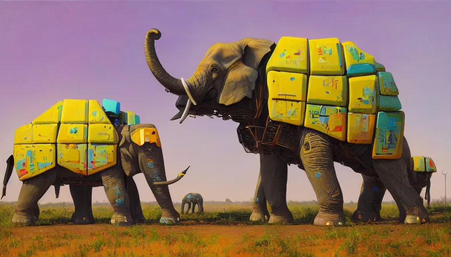 Image similar to an intricate oil painting of a giant south african armored elephant mecha by simon stalenhag, pink, yellow and cyan paint decals