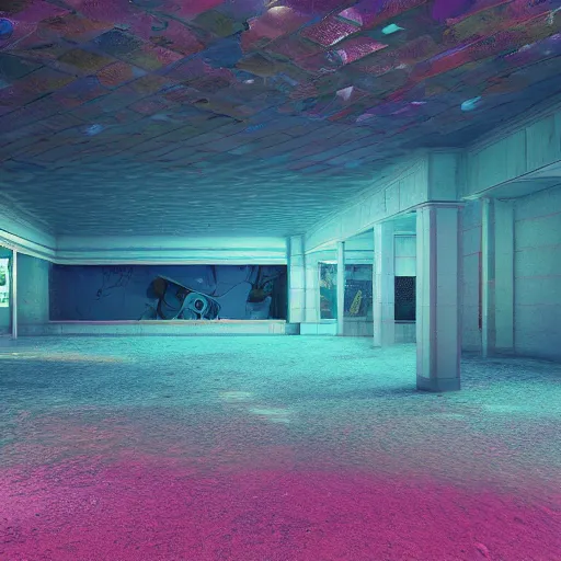 Prompt: abandoned shopping mall underwater, pastel colors in the style of wes anderson, insanely mystical, hyper realistic, extremely detailed, concept art, trending on artstatoon, atmospheric, 8k, octane render, unreal engine