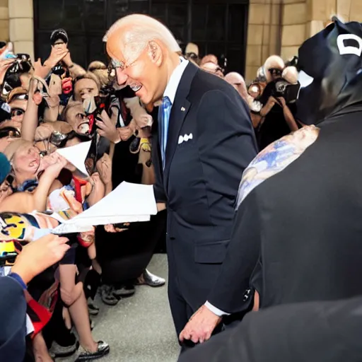 Image similar to joe biden dressed as batman and signing autographs