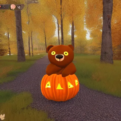 Prompt: a cute smiling bear made of pumpkins walking through the woods, unreal engine