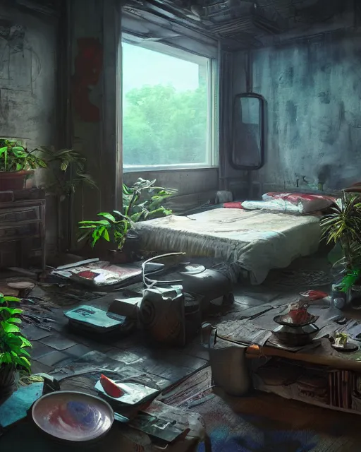 Prompt: artstation scifi scene of a shabby chinese rural room, earth kang, bookcasel lounge furniture, large terrarium, beds, paneled walls, unreal engine 5, hyper realism, realistic shading, cinematic composition, blender render, octane render, hdr, detailed textures, photorealistic, wide shot